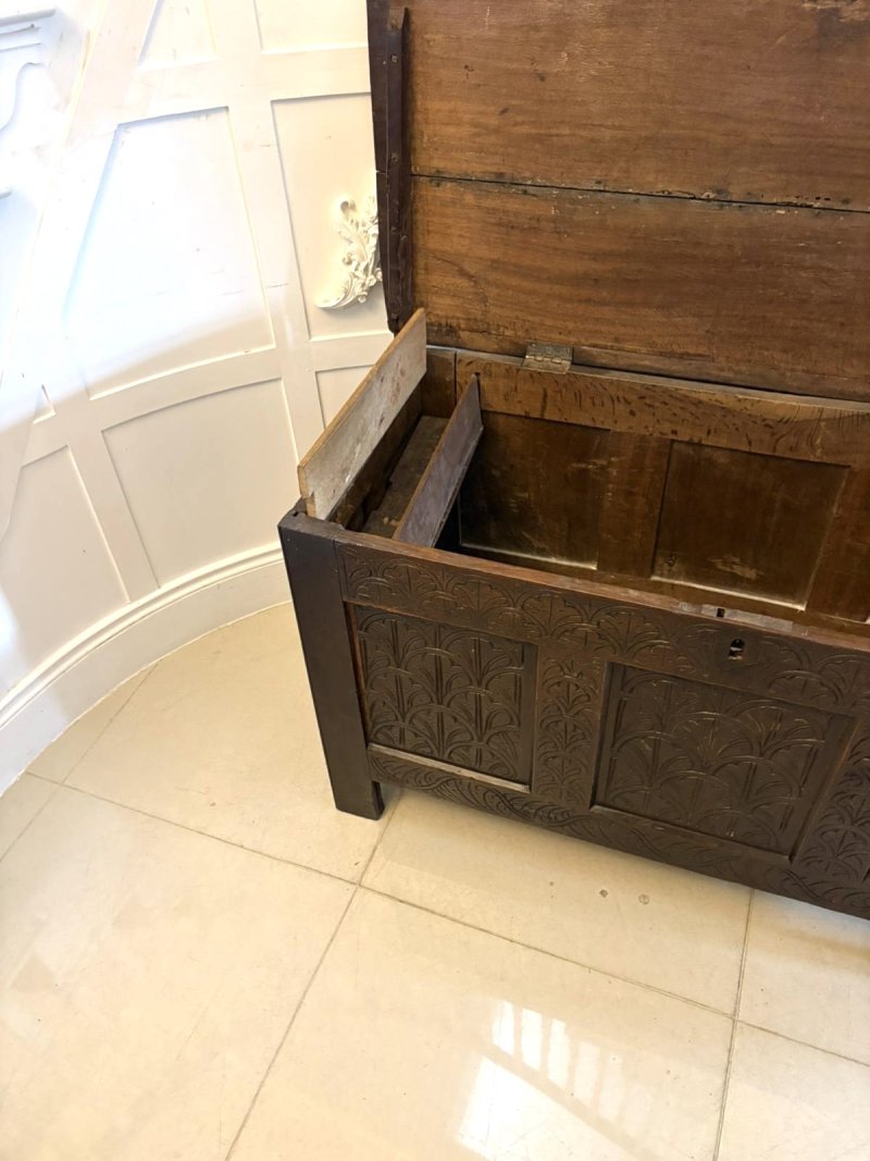 Antique 17th Century Carved Oak Coffer Chest Blanket Box With Original Candle Box - Image 4